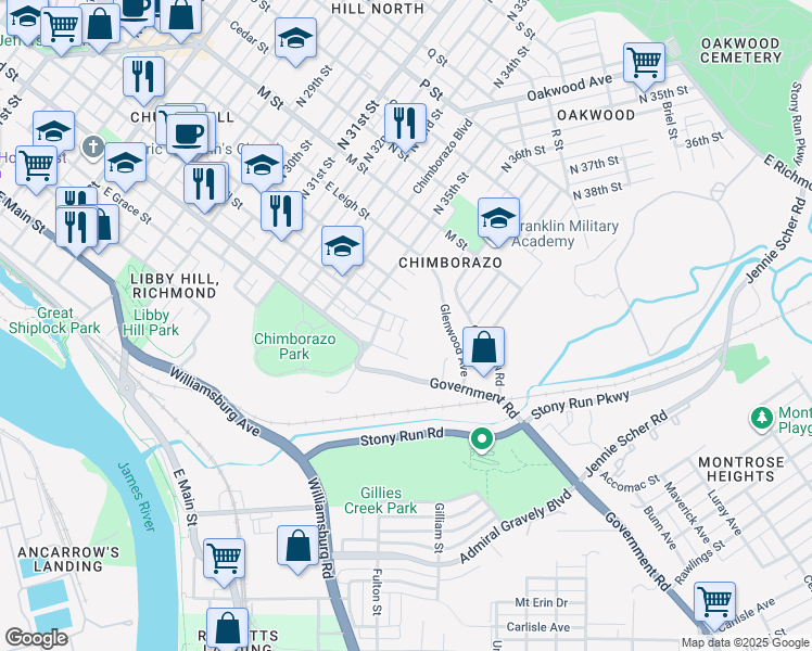 map of restaurants, bars, coffee shops, grocery stores, and more near 401 North 35th Street in Richmond