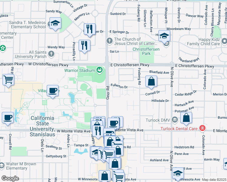 map of restaurants, bars, coffee shops, grocery stores, and more near 3616 Nicole Court in Turlock