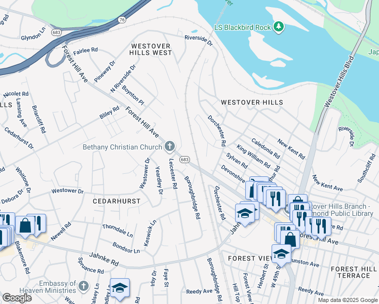 map of restaurants, bars, coffee shops, grocery stores, and more near 1703 Leicester Road in Richmond