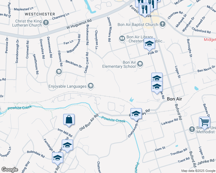 map of restaurants, bars, coffee shops, grocery stores, and more near 2238 Brookwood Road in Richmond