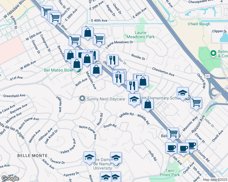 map of restaurants, bars, coffee shops, grocery stores, and more near 200 Davey Glen Road in Belmont
