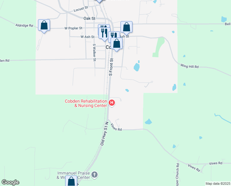 map of restaurants, bars, coffee shops, grocery stores, and more near 430 South Front Street in Cobden