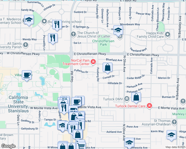 map of restaurants, bars, coffee shops, grocery stores, and more near Tuscany Place in Turlock