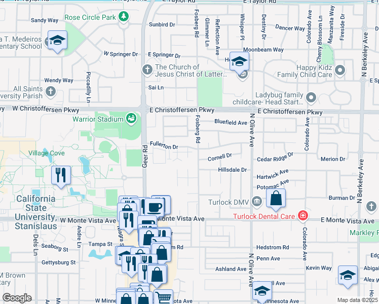 map of restaurants, bars, coffee shops, grocery stores, and more near 3725 Fosberg Road in Turlock