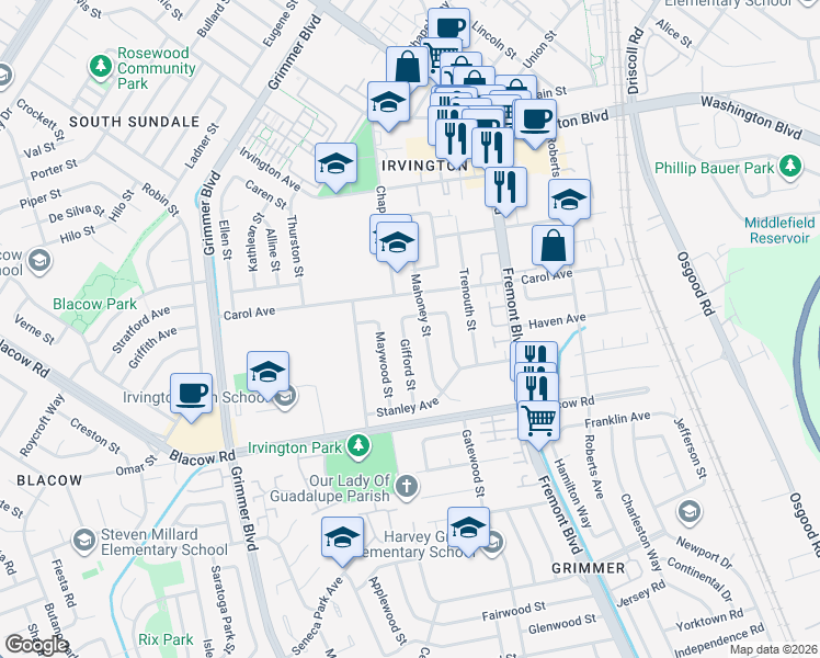 map of restaurants, bars, coffee shops, grocery stores, and more near 4247 McNamara Street in Fremont