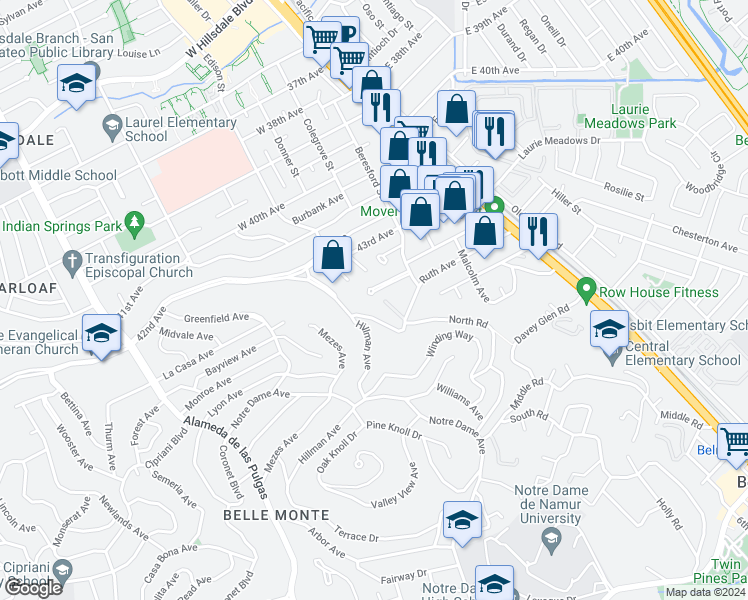 map of restaurants, bars, coffee shops, grocery stores, and more near 131 Irene Court in Belmont