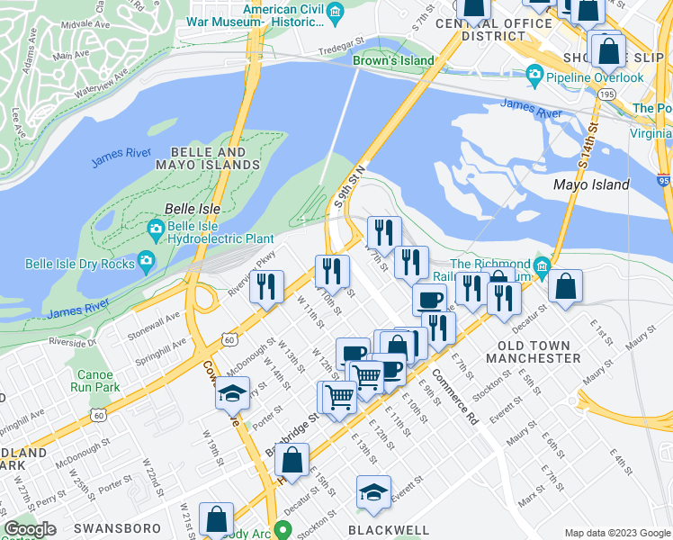 map of restaurants, bars, coffee shops, grocery stores, and more near 700 Semmes Avenue in Richmond