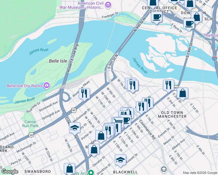 map of restaurants, bars, coffee shops, grocery stores, and more near 800 Semmes Avenue in Richmond