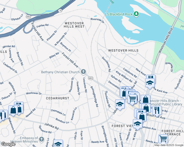 map of restaurants, bars, coffee shops, grocery stores, and more near 1703 Leicester Road in Richmond