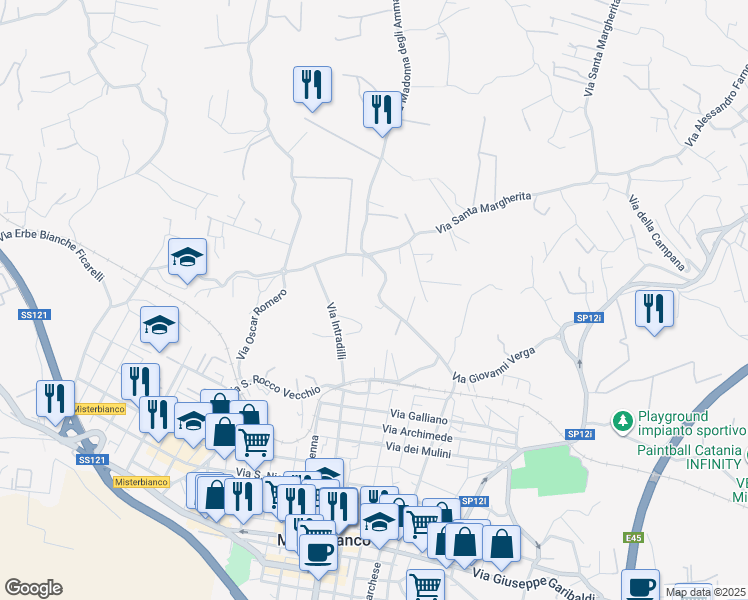 map of restaurants, bars, coffee shops, grocery stores, and more near 93A Via Madonna degli Ammalati in Città metropolitana di Catania