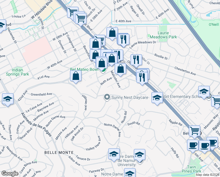 map of restaurants, bars, coffee shops, grocery stores, and more near 917 Anita Avenue in Belmont