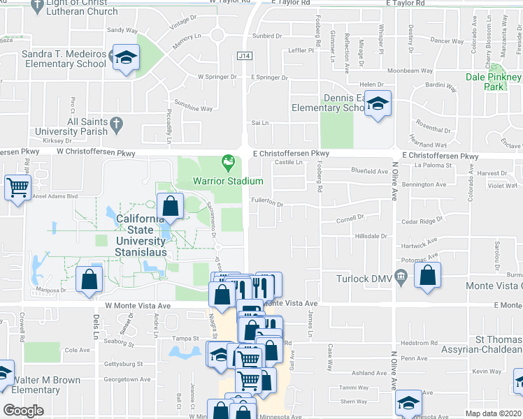 map of restaurants, bars, coffee shops, grocery stores, and more near 3624 Nicole Court in Turlock