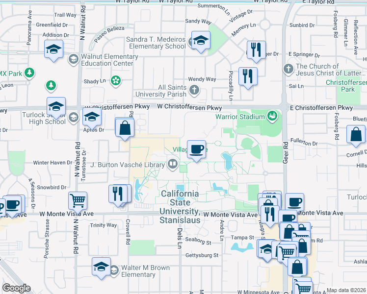 map of restaurants, bars, coffee shops, grocery stores, and more near Merced Way in Turlock