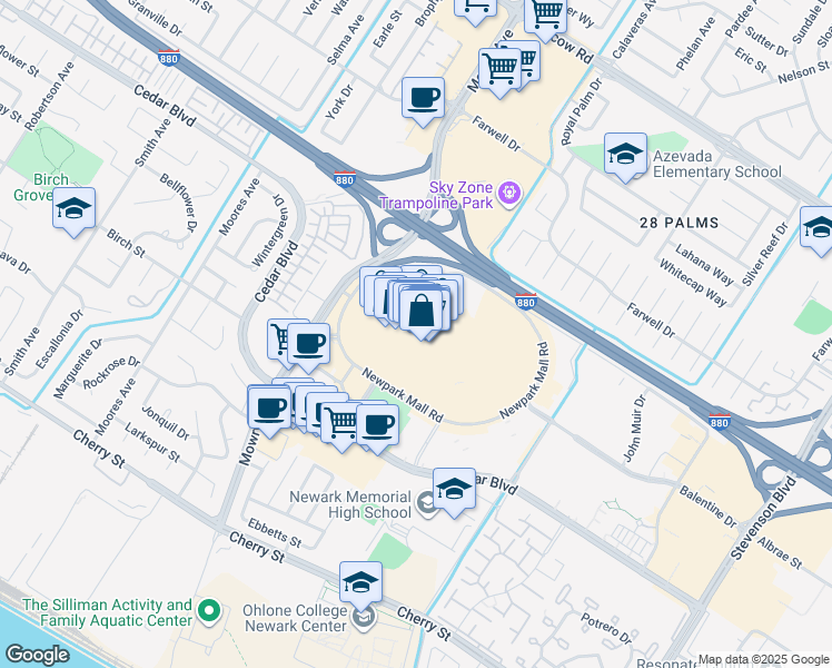 map of restaurants, bars, coffee shops, grocery stores, and more near 2086 Newpark Mall in Newark