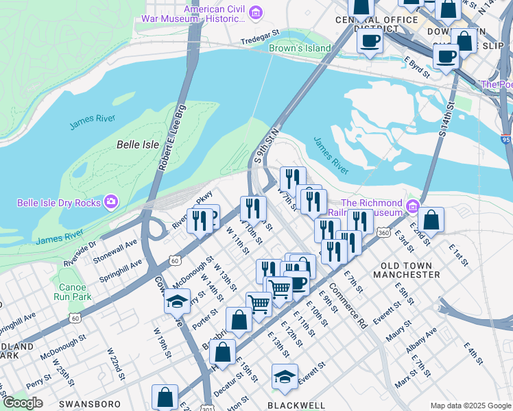 map of restaurants, bars, coffee shops, grocery stores, and more near 800 Semmes Avenue in Richmond