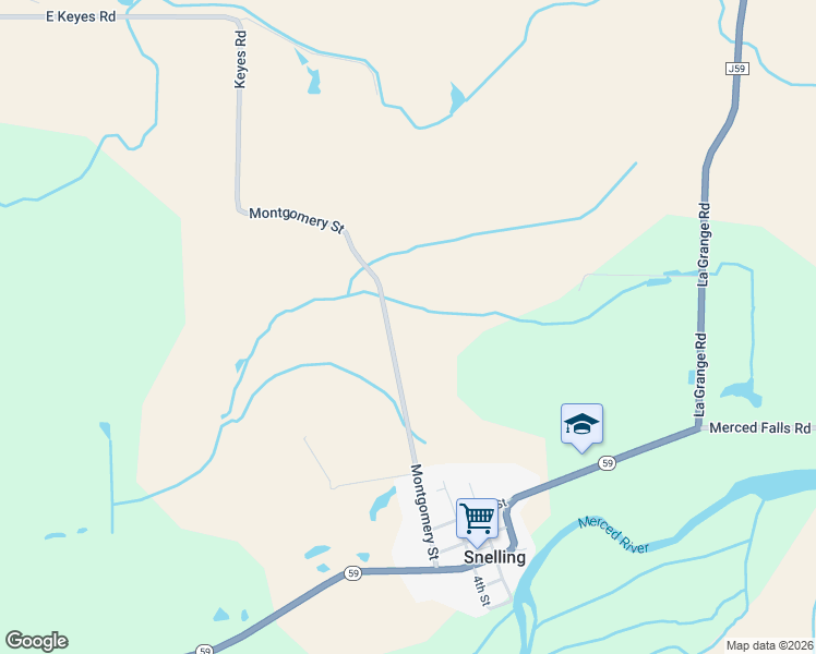 map of restaurants, bars, coffee shops, grocery stores, and more near 16386 Montgomery Street in Snelling