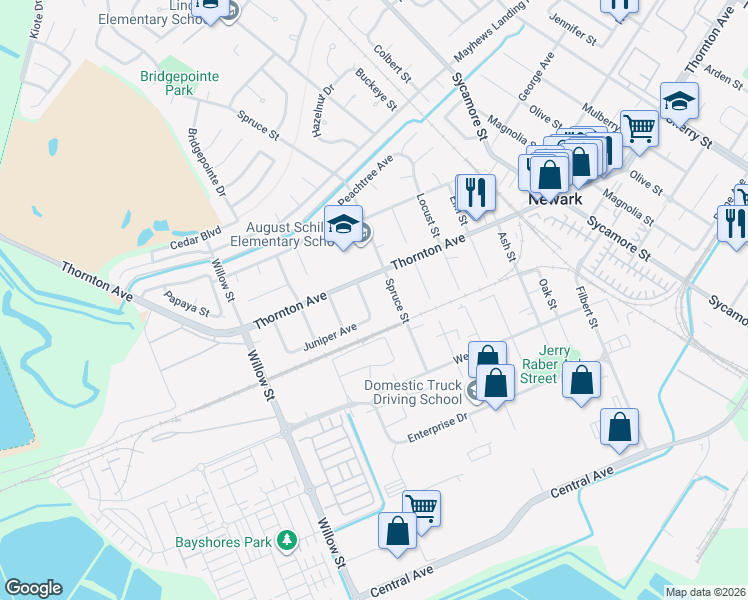 map of restaurants, bars, coffee shops, grocery stores, and more near 37029 Spruce Street in Newark