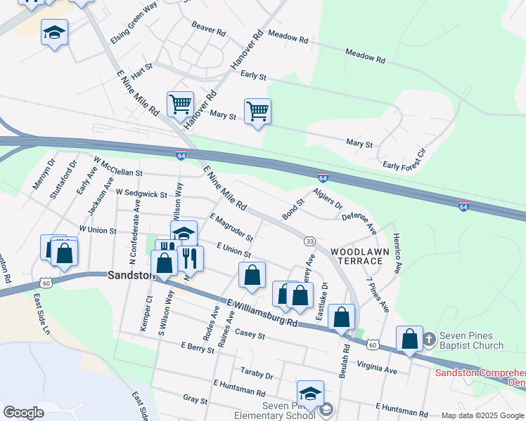 map of restaurants, bars, coffee shops, grocery stores, and more near 2016 East 9 Mile Road in Sandston