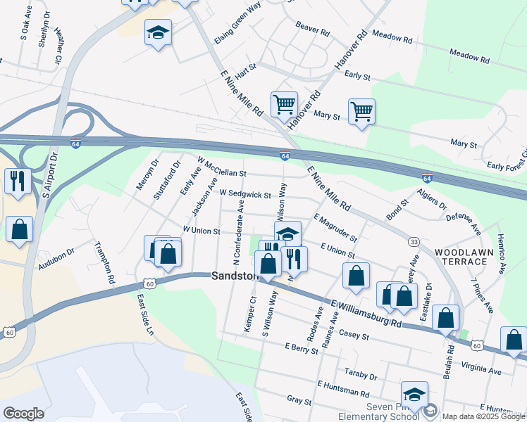 map of restaurants, bars, coffee shops, grocery stores, and more near 10 West Magruder Street in Sandston