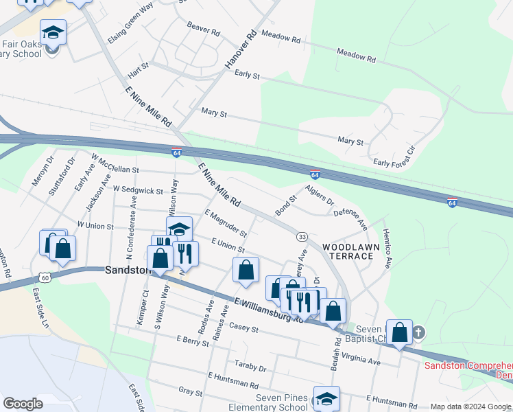 map of restaurants, bars, coffee shops, grocery stores, and more near 2016 East 9 Mile Road in Sandston