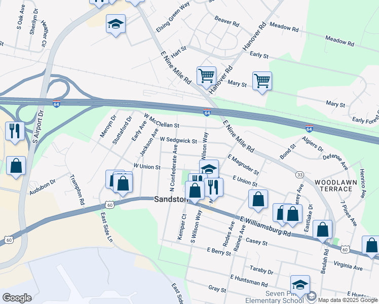 map of restaurants, bars, coffee shops, grocery stores, and more near 12 West Magruder Street in Sandston