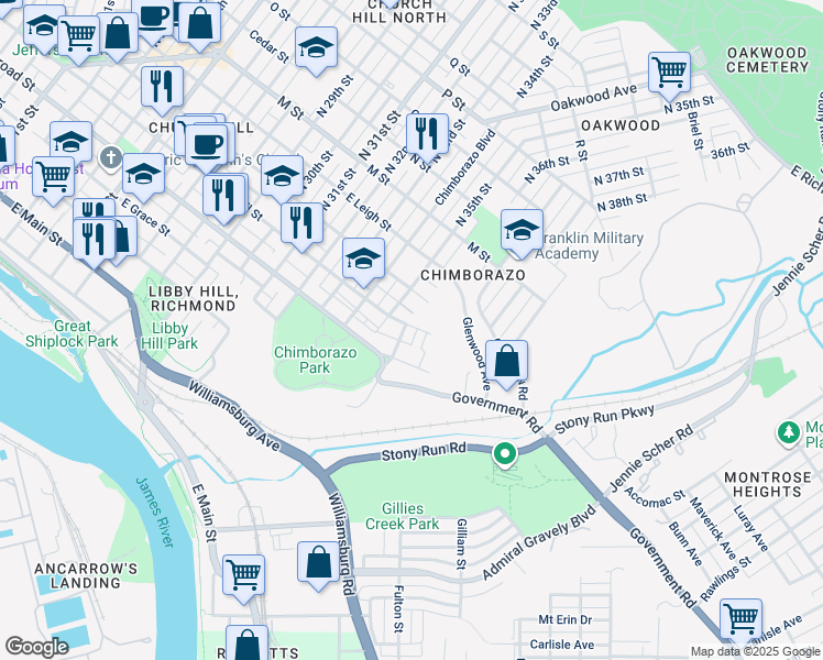 map of restaurants, bars, coffee shops, grocery stores, and more near 323 North 36th Street in Richmond