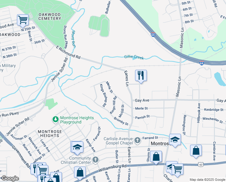 map of restaurants, bars, coffee shops, grocery stores, and more near 2242 Merle Street in Richmond