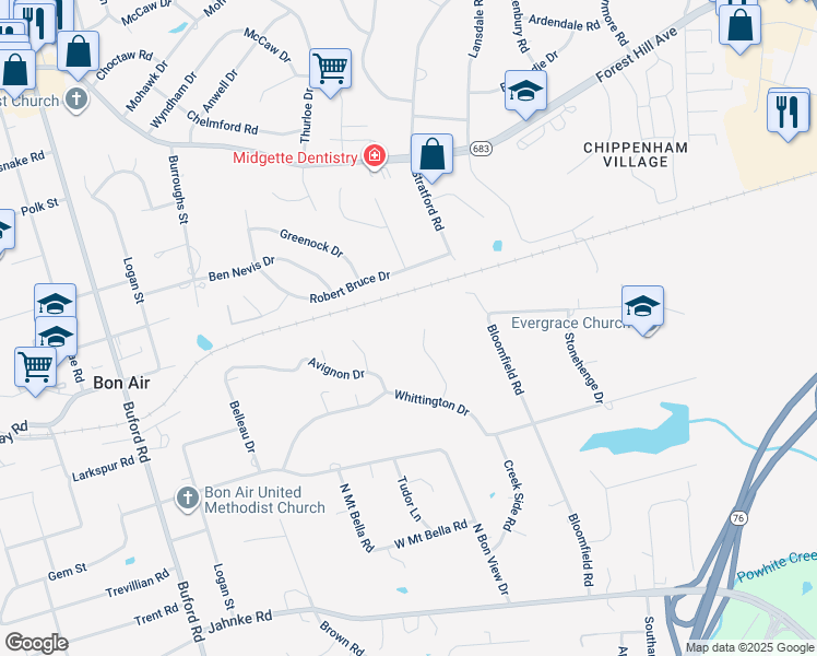 map of restaurants, bars, coffee shops, grocery stores, and more near 2026 Montaigne Drive in Richmond