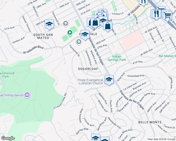 map of restaurants, bars, coffee shops, grocery stores, and more near West 39th Avenue & Marshall Avenue in San Mateo