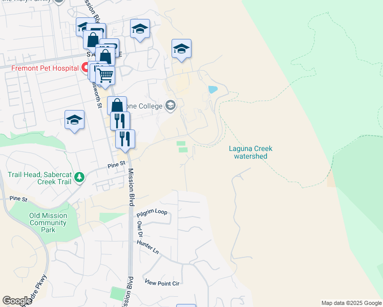 map of restaurants, bars, coffee shops, grocery stores, and more near Ysc Trail in Fremont