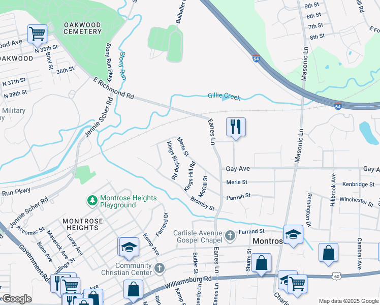map of restaurants, bars, coffee shops, grocery stores, and more near 2242 Merle Street in Richmond