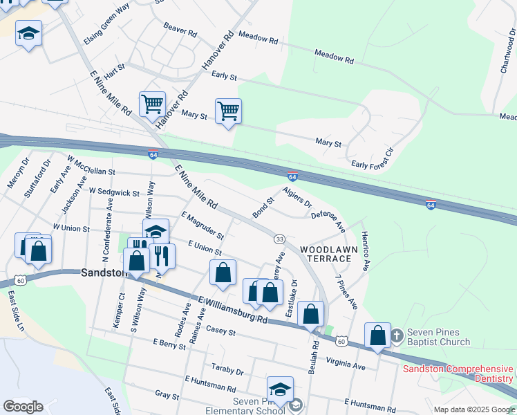 map of restaurants, bars, coffee shops, grocery stores, and more near 119 Defense Avenue in Sandston