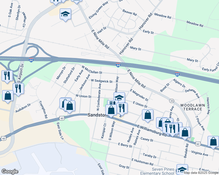 map of restaurants, bars, coffee shops, grocery stores, and more near 10 West Magruder Street in Sandston