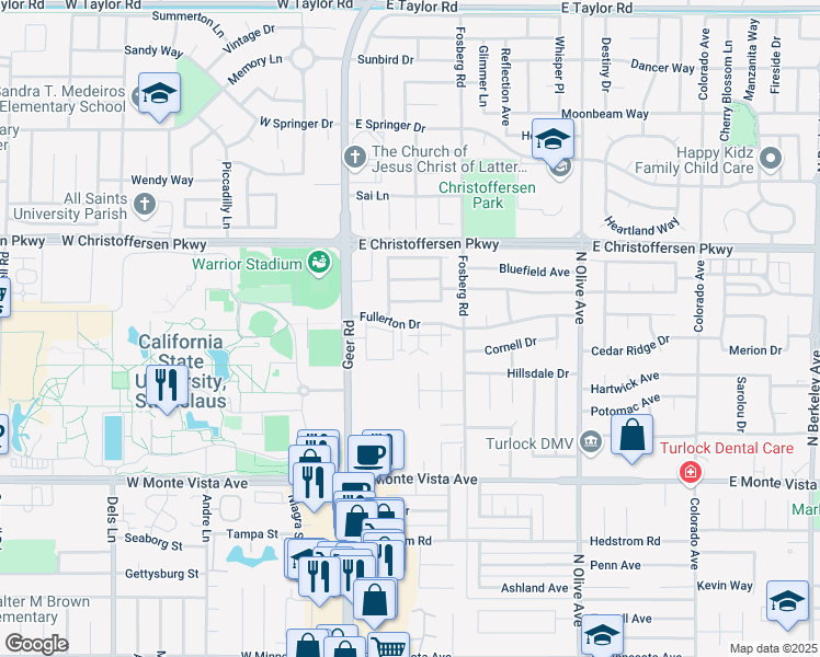 map of restaurants, bars, coffee shops, grocery stores, and more near 260 Fullerton Drive in Turlock