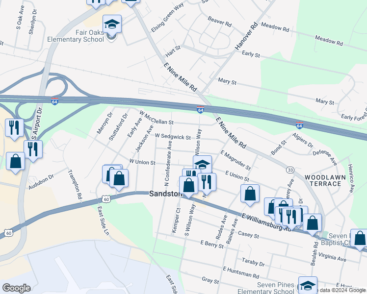map of restaurants, bars, coffee shops, grocery stores, and more near 12 West Magruder Street in Sandston
