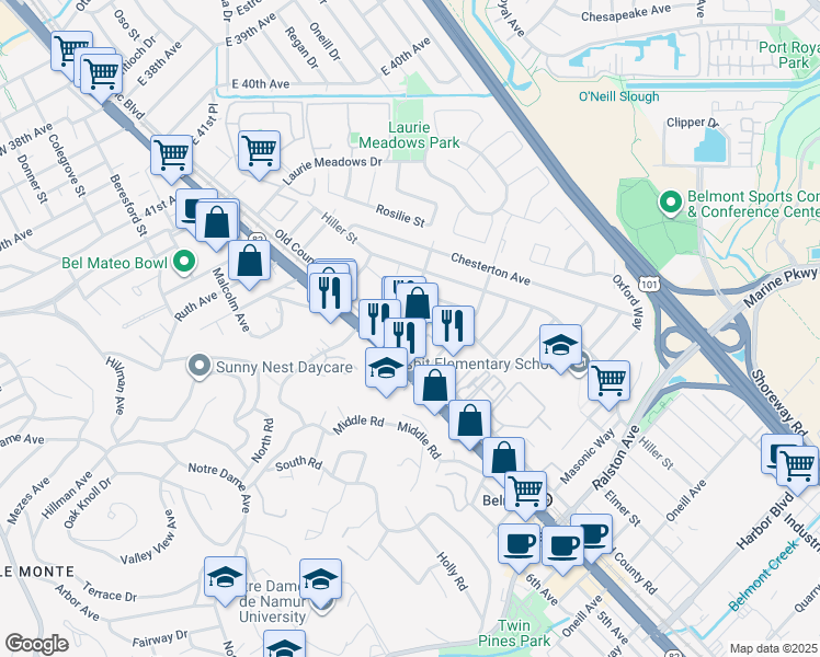 map of restaurants, bars, coffee shops, grocery stores, and more near 579 Mountain View Avenue in Belmont