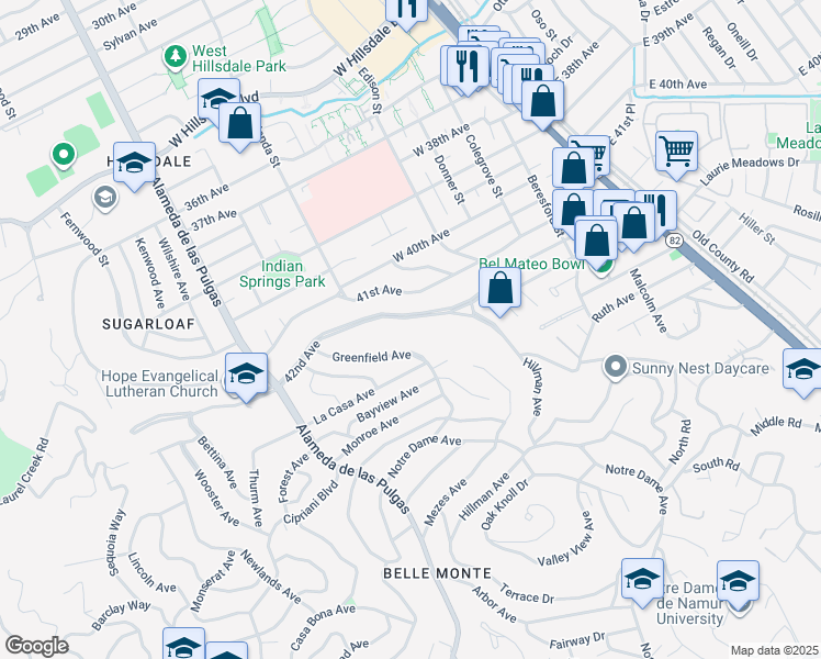 map of restaurants, bars, coffee shops, grocery stores, and more near 241 42nd Avenue in San Mateo