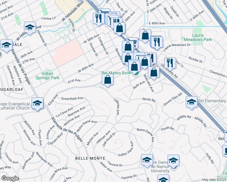 map of restaurants, bars, coffee shops, grocery stores, and more near 200 Irene Court in Belmont