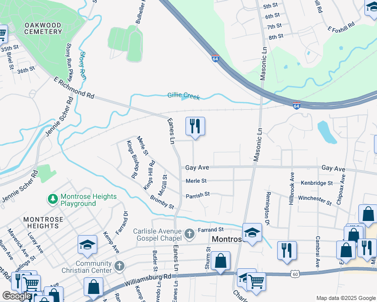 map of restaurants, bars, coffee shops, grocery stores, and more near 4406 Samara Drive in Richmond