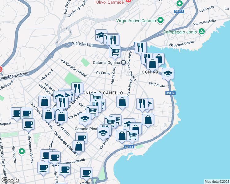 map of restaurants, bars, coffee shops, grocery stores, and more near 28a Via de Caro in Catania