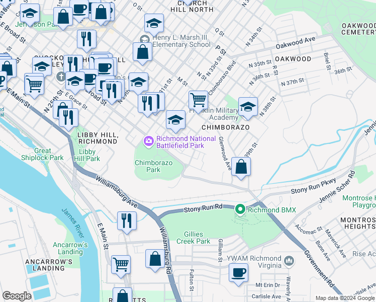 map of restaurants, bars, coffee shops, grocery stores, and more near 3507 East Marshall Street in Richmond