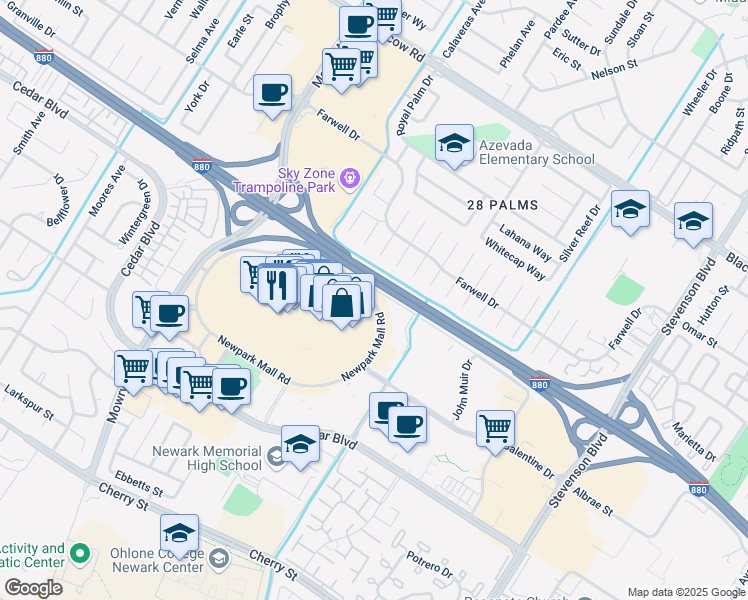 map of restaurants, bars, coffee shops, grocery stores, and more near 1081 Newpark Mall Road in Newark