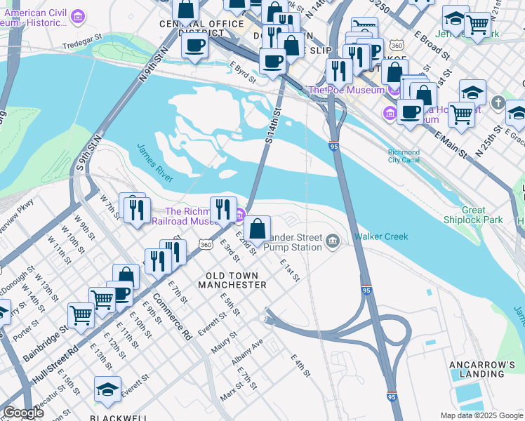 map of restaurants, bars, coffee shops, grocery stores, and more near 2 Manchester Road in Richmond