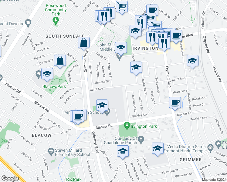 map of restaurants, bars, coffee shops, grocery stores, and more near 4498 Carol Avenue in Fremont