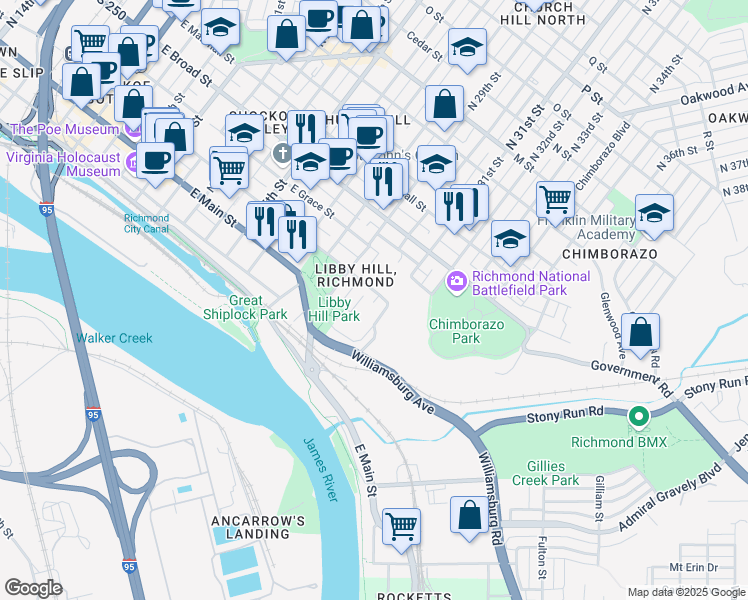 map of restaurants, bars, coffee shops, grocery stores, and more near 3005 East Franklin Street in Richmond