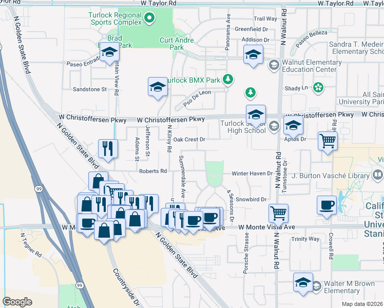 map of restaurants, bars, coffee shops, grocery stores, and more near 2339 Autumn Moon Way in Turlock