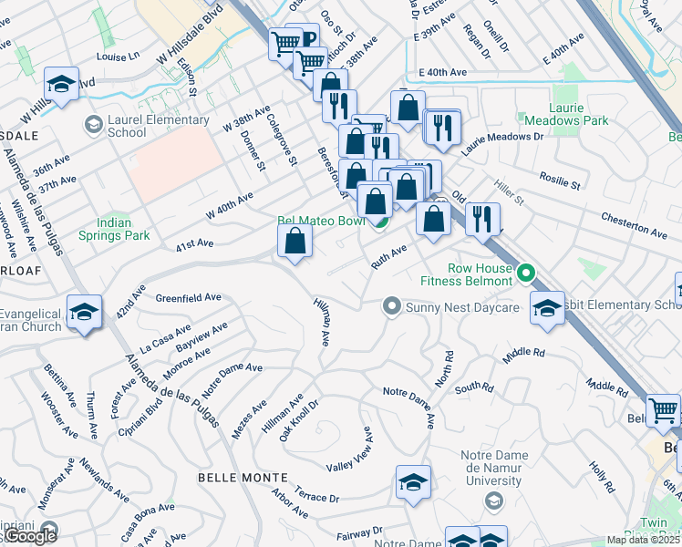 map of restaurants, bars, coffee shops, grocery stores, and more near 131 Irene Court in Belmont