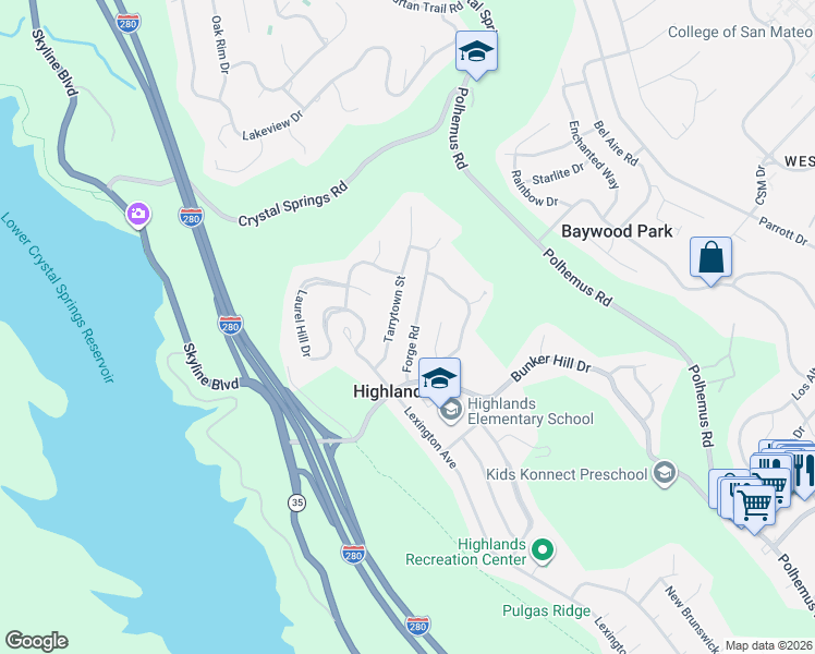map of restaurants, bars, coffee shops, grocery stores, and more near 1540 Forge Road in San Mateo
