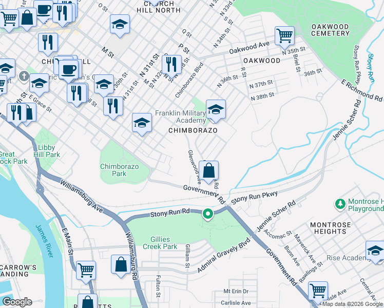 map of restaurants, bars, coffee shops, grocery stores, and more near 3704 Glenwood Avenue in Richmond