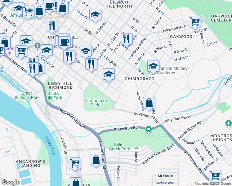 map of restaurants, bars, coffee shops, grocery stores, and more near in Richmond